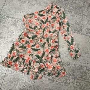 Express | Pink Tropical Print One Shoulder Chiffon Ruffle Shorts Romper | SZ S